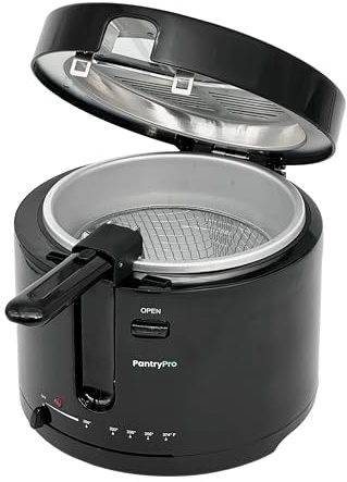PantryPro 2.5 Liter Electric Deep Fryer with Cool Touch Sides and Nonstick Basket, Adjustable Temperature, Lid with Viewing Window, Black