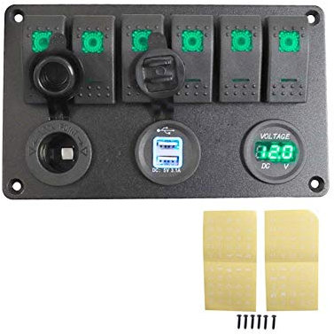 MUEOSI Panneau d'interrupteurs à Bascule à 6 Gangs, for disjoncteurs, Panneau de Commutation avec Double Prise USB, Prise de Courant 12 V, Accessoires de Voiture for Bateau Tableau électrique(Green)