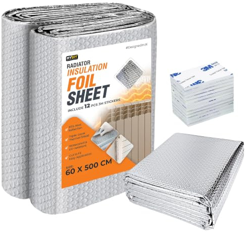 My DIY Radiator Insulation Foil Sheet 5M x 60cm - Large Reflective Thermal Bubble Backing with 12 PCS Stickers – Energy Saving, UV Resistant, Easy Installation