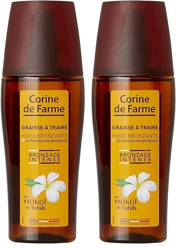 Corine de Farme - Spray Graisse à Traire, Huile Bronzante + Activateur de Bronzage - Teint Hâlé Sans Autobronzant - Monoï de Tahiti, Parfum des Îles - 150 ml (Lot de 2)
