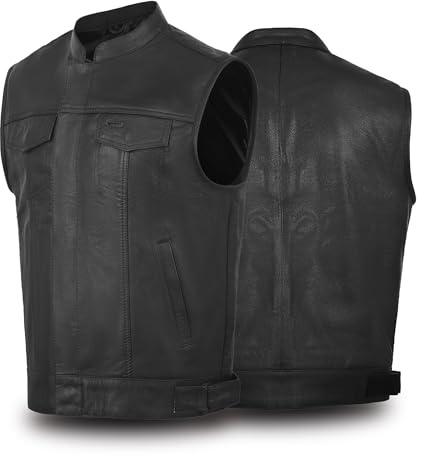 Touch&Torn Motorcycle Vest for Men Club Style Vest With Multi Pockets Black Vest Men, Leather Vest with Collar