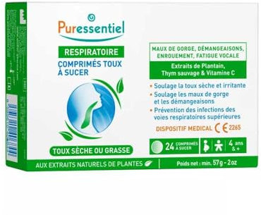 Puressentiel - Respiratory – Suckable Cough Lozenges – Relieves Sore Throats and Prevents Respiratory Infections – Honey & Organic Essential Oils – 24 Lozenges – from 4 Years+