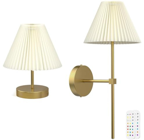 HURYEE Battery Operated Wall Sconces Set of 2,Gold Rechargeable Wall Lights with Remote,3000mAh Dimmable 3 Timer Magnetic Bulbs,Indoor Wireless Lamps for Bedroom Living Room Hallway Bathroom