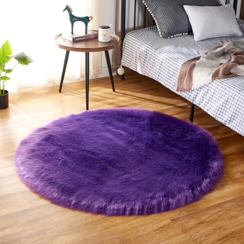 YUGWNN Tappeti rotondi in finta pelle di pecora per camere da letto, tappeto peloso e soffice, tappeti estetici viola e protezioni, diametro 100 cm/39,3 pollici