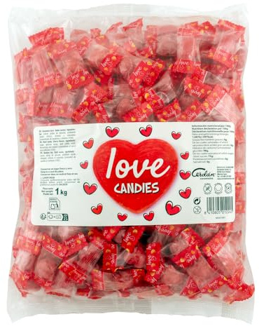 Caramelos Cerdán - Caramelos con Forma de Corazón Love | 333 uds - 1 Kg | Packaging Moderno | Sabor Cereza | Caramelo Sin Gluten ni Alérgenos | Ideal para San Valentín, Fiestas, y Cumpleaños