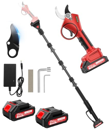 Forbici da potatura elettriche, 40 mm 2 in 1 Forbici da potatura telescopica con batteria da 21 V, 2 x 2000 mAh, estendere 2,5 m, potente motore senza spazzole per giardinaggio, alberi da frutta