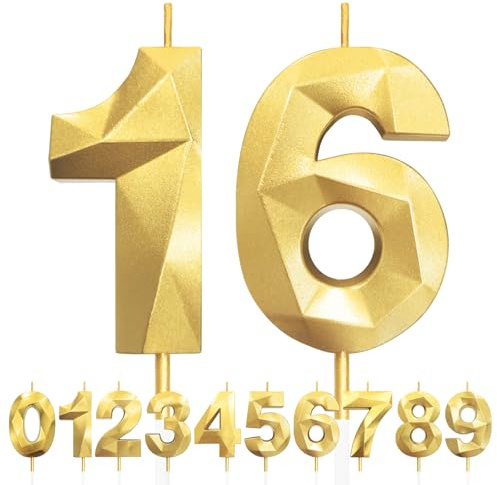 16° Candele di compleanno, Compleanno Candele Torta Oro, Candela numero 16, 3D Candele con numeri da 5cm, Compleanno Torta Topper Decorazione per Feste di Compleanno Matrimonio Anniversario