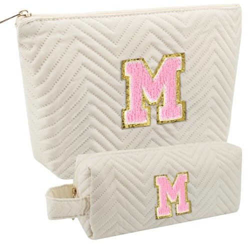 Geschenke für Frauen, Personalisierte Kosmetiktasche Mädchen, Reise Kosmetiktasche für Damen, Geburtstagsgeschenk für Frauen Mädchen Freundin, Beige Kosmetiktasche mit Buchstaben M