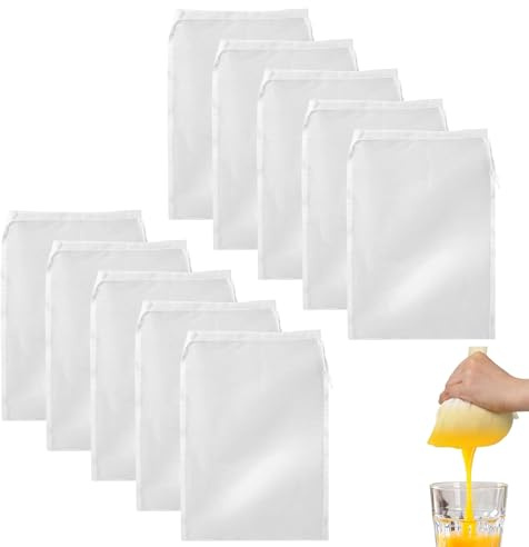 Nussmilchbeutel, 10 Stück Passiertuch Wiederverwendbar Nylon Filterbeutel Mit Kordelzug Bio Waschbar Nut Milk Bag für Kaffee Käse Fruchtsaft Gemüsesaft (20 x 30cm)