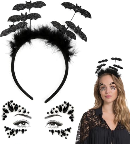 Meleager Fledermaus Haarreif und Glitzersteine Gesicht Schwarz, Fledermaus Kopfschmuck Damen, Strasssteine Gesicht, Fledermaus Kostüm Accessoires für Karneval Halloween Cosplay Musikkarneval