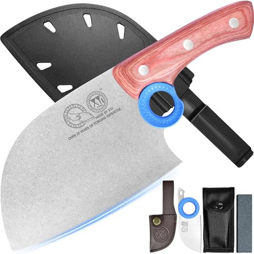 XYJ Authentic Since 1986,Couteau de boucher serbe avec étui,Couteau de cuisine de chef à légumes,Manche en bois avec étui,pour camping extérieur