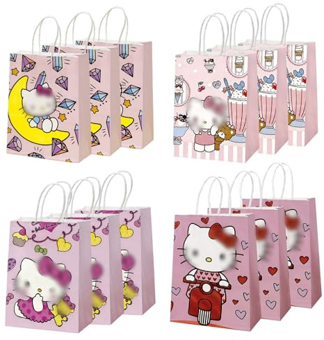 12 Stück Party Geschenktaschen mit Henkel, Kit ty Kinderparty Süßigkeiten Tüten, Bunt Geschenktüte, Partytüten Candy Tüten zum Befüllen mit Spielzeug Mitgebsel, Kindergeburtstag Ostern Party