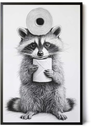 Paul Sinus Poster/Leinwandbild/Rahmenoption – Waschbär mit Klopapier – Lustige WC-Deko für dein Badezimmer