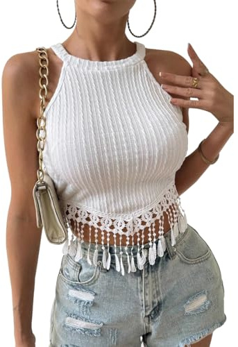 Hanaoops Crop Tops Damen Sexy Ärmellose Neckholder Tops Y2K Cropped Oberteil Slim Fit Schulterfrei Bauchfrei Tank Top Sommertop Quaste Camisole Shirts