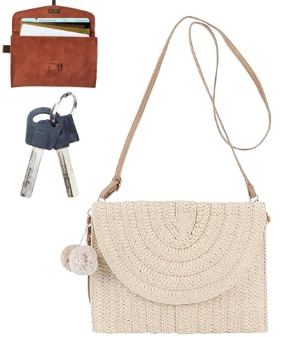 ETUCYNG Sac fourre-tout en paille, sacs d'été tissés avec pendentif en forme de boule | Sac de plage chic pour le shopping, la randonnée, le camping, les rendez-vous, les voyages, beige, Refer to
