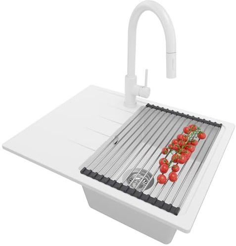 PRIMAGRAN Lavandino da Cucina al Mobile 40cm + Rubinetto, 62x50cm | Set: Rubinetto BW9010 + Kit di scarico + Scolapasta avvolgibile + Lavello in Granito a 1 Vasca - Milano, Bianco