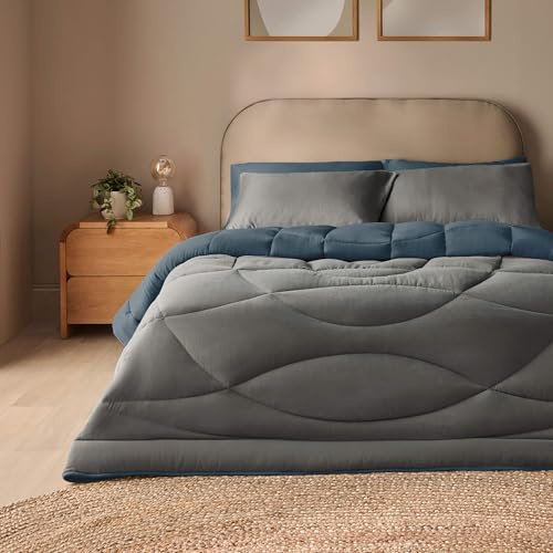 Silentnight Coverless Luxury Washed Duvet & Pillowcase Set - Soft Stylish 10.5 Tog Two Reversible Colours Bed Quilt - All Year Round Comfort No Cover Needed - Machine Washable, Blue & Charcoal, Double