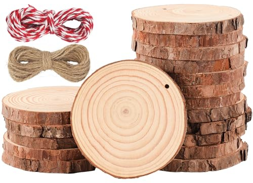 Holtrae 18 Pezzi Dischi Cerchio di Legno 9-10cm Non Finiti Naturale con Fori Diametro Base di Legno Rotonda con Corteccia con 2 Fili di Cotone per Fai da te Pirografo Decorazioni Natalizie Nuziali