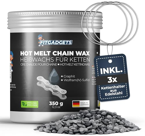 OH3 Fitgadgets cykelkedjevax i varmvaxburk för uppvärmning – inkl. 3 x kedjehållare – 350 g Hot Melt Chain Wax med grafit och volfram-Sulfid – vaxsmörjmedel för vägcykel, MTB och gravelcyklar