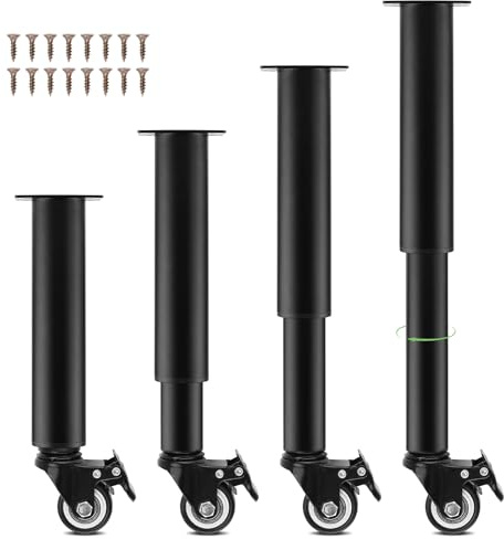 Homtone 4 Stück Höhenverstellbare Möbelfüße Tischbeine mit Rollen 24-36 cm | 360 Grad Drehbar und Beweglich Möbelfüße Metall mit Bremse, Kaltgewalzter Stahl Tischbein, für Sofa, Schrank, Tisch