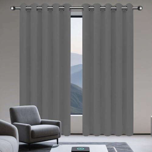GOUZOO Coppia Tende Bianche Oscuranti 160 x 220 cm Poliestere Resistente, Termica Isolante Tende Camera da Letto Soggiorno per Interni Finestre con Anelli, Grigio Scuro