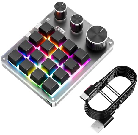 LICAEVEY Tastierino Macro Personalizzato, Tastiera Meccanica Programmabile a 16 Tasti con 3 Manopole e LED RGB, Tastierino per Photoshop, Giochi, Scorciatoie, Adatto per Wins OS X (BLACK)