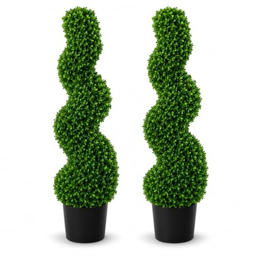 Artificial Boxwood Spiral Topiary Tree, 90cm, Set of 2, with Pots, Indoor and Outdoor Décor for Doorway, Garden and Wedding