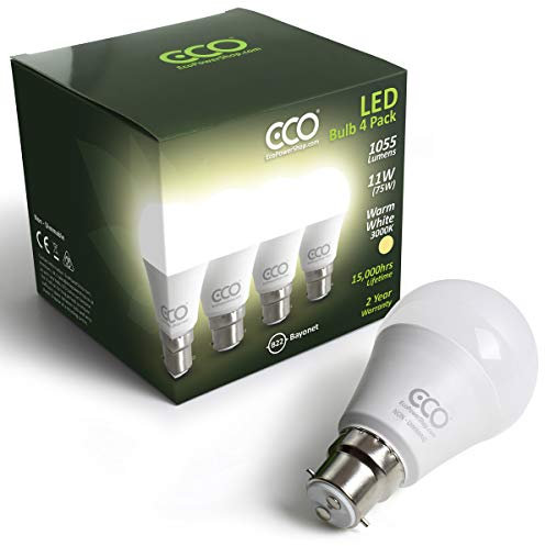 ECO 2 PIN B22 Bayonet Light Bulb, 9.5W LED Energy Saving Light Bulb, Bright 75W Bulb Equivalent, Warm White 3000K, 15000Hrs Lifetime. 4 x Pack (Pack of 4 Bulbs).