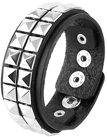 HZMAN Pulsera unisex de piel auténtica negra con tachuelas de pirámide plateada de los años 80, gótico, punk, glamour (2 filas)