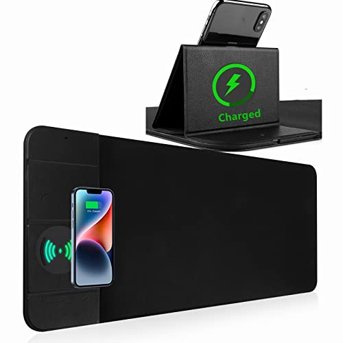Gaming Mauspad 15W Qi Mousepad Drahtloses schnellladendes Mauspad Faltbarer Telefonhalter Kabelloses Laden für I-Phone Pro Handy, Kopfhörer, große Mousepad Basis Computer.