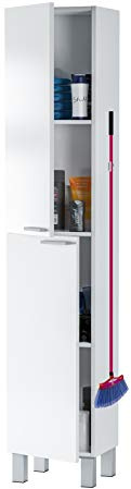 HABITMOBEL Armario Columna Baño Blanco 2 Puertas y estantes regulables182 x 30 x 25 cm con Colgador Acero Escobero