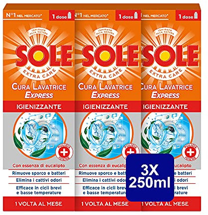 Sole Cura Lavatrice Express, Formula Potenziata da 8 Azioni, Confezione da 3 flaconi da 250 ml