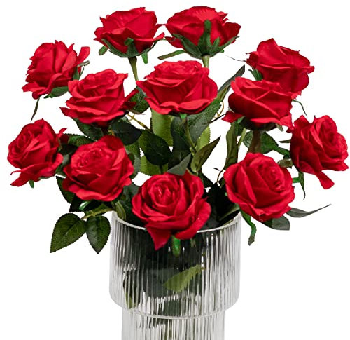 Kisflower 12Pcs Roses Artificial Flowers Fake Silk Rose Flowers Realistic Single Stem Flower Bouquet for Wedding Party Office Home Decor (Red)