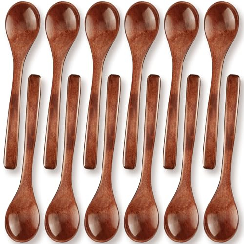 Patelai 12 Pcs 5 Inch Small Wooden Spoons for Honey Mini Little Wood Tea Spoons for Tasting Eating Serving for Cooking, Desserts, Coffee, Jars(Brown)