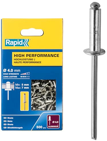Rapid Blindnieten Aluminium 4,8 x 25 mm, 200 Stk. für Nietzangen | Flachrundkopf aus Aluminium; 19–22 mm Klemmbereich; 4,8 mm Durchmesser; für Metall & Kunststoff; 200 Stück