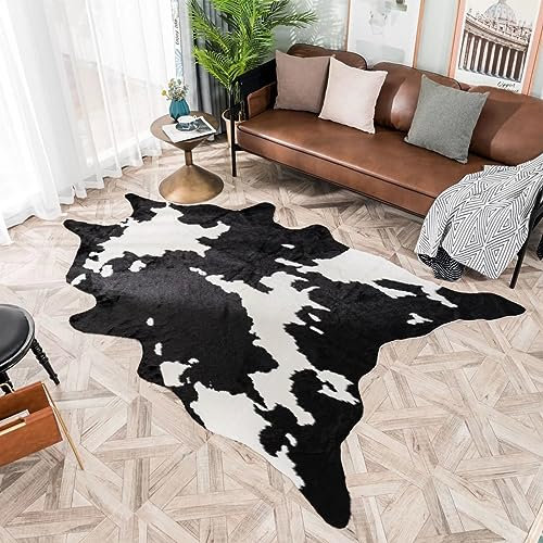 Plancholo Large Black Cowhide Area Rug Animals Faux Fur Rug, 5.2ft X 7.2ft, Rug Faux Fur Cowhide Area Rug Animals Mat Carpet for Home, Black and White