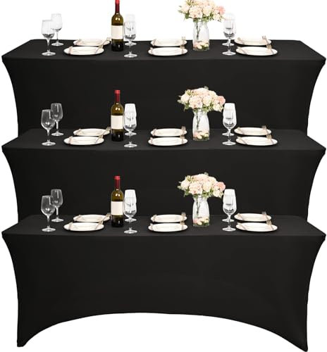 3piezas de 6pies de Spandex Negro para Mesa, Mantel elástico de Spandex, Mantel de cóctel Rectangular, Ropa de Mesa Negra Ajustada Antiarrugas Lavable para Bodas/Fiestas de cumpleaños(Negro)
