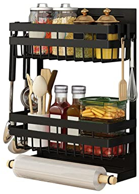 Redwestmelon Magnetic Fridge Spice Rack 3 Tier Kitchen Condiment Seasoning Storage Organizer Shelf, Refrigerator Side Rack with Paper Towel Holder and 4 Removable Mobile Hooks