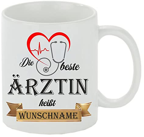 Crealuxe Kaffeetasse - Die Beste Ärztin heißt (Wunschname) - Spruchtasse, Bürotasse, bedruckte Keramiktasse, Tasse mit Spruch, Hochwertige Kaffeetasse, Tasse personalisiert (Weiß)