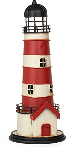 Moritz Spardose Leuchtturm rot weiß 32 cm – Blech Maritim Deko Nordsee Meer | Handbemaltes Metall statt Kunststoff im maritimen Stil, Münzschlitz und Verschluss unten, für Regal und Bad, Urlaubskasse