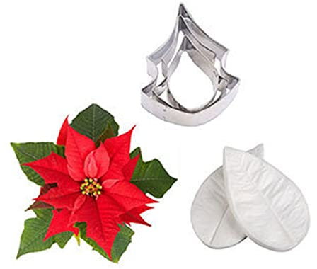 Poinsettia Petals Fondant Mould Sets 5pcs Cookie Cutters+Silicone Moulds for Cupcake Toppers Edible Sugar Craft Cake Decorating Gumpaste Clay Chocolate Candy