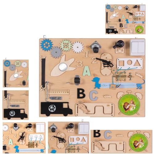 Moni Lernboard, Lerntafel medium aus Holz Zahnräder, Lichtschalter, Uhr, Klingel blau