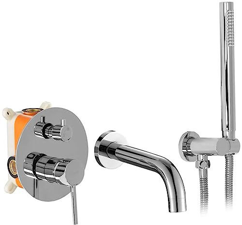 Rea ROBINET DE BAIGNOIRE ENCASTRÉ Lungo Chrom + Box Mitigeur Baignoire avec Douchette en Laiton pour Salle de Bain Chaude et Froide Réglable (Chrome)