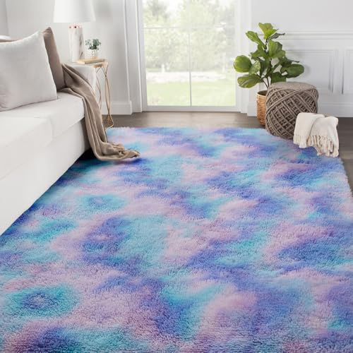 SOANNY Hochflor Wohnzimmer Teppich, Waschbar Anti-Rutsch, Flauschige Moderne Langflor Shaggy Teppich für Schlafzimmer & Kinderzimmer, Bettvorleger Matte, 90x150 cm, Türkis Lila