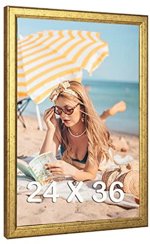 MOUDAMION Wood 24x36 Poster Frame Gold, Ornate Natural 36x24in Picture Photo Frame, Modern Golden 24 x 36inch Gallery Wall Frame with HD Plexiglass, Horizontal Vertical Wall Mounting Display 1pcs