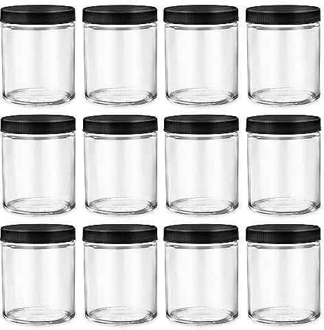 North Mountain Supply 6 Ounce Clear Glass Straight Sided Mason Canning Jars - with 63mm Black Plastic Lids - Case of 12
