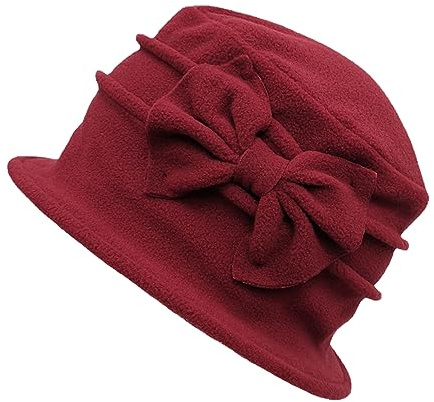 ZffXH Vintage Sombrero, Gorro De Invierno Borgoña para Mujer Fieltro Trimmed Sombreros Elegante Bowler Punto, Sombreros Campana Los Años 20 Francés Cálido Iglesia con Lazo