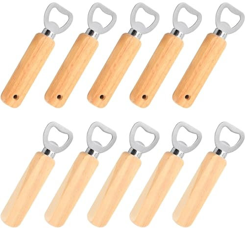 Bottle Openers (10PCS), Wooden Handle Stainless Bottle Opener Add with Hole Handle Stainless Corkscrew Bottle Opener Portable Durable Natural