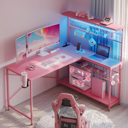 Bestier Gaming Desk 51 L-Shaped, with Power Outlets & LED Lights- 4 Tier Shelves, Reversible Gamer Table with Hooks & Cup Holder for Home Office Carbon Fiber Pink