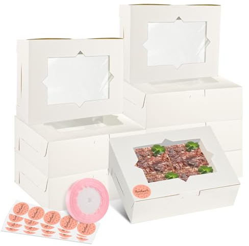 CYEER 8 Inch Cake Box Pack of 60, White Dessert Boxes Bakery Boxes with Window, 8” x 6” x 2.5” Rectangle Cardboard Cake Boxes Food Boxes for Cookies, Pastries, Biscuits, Pie